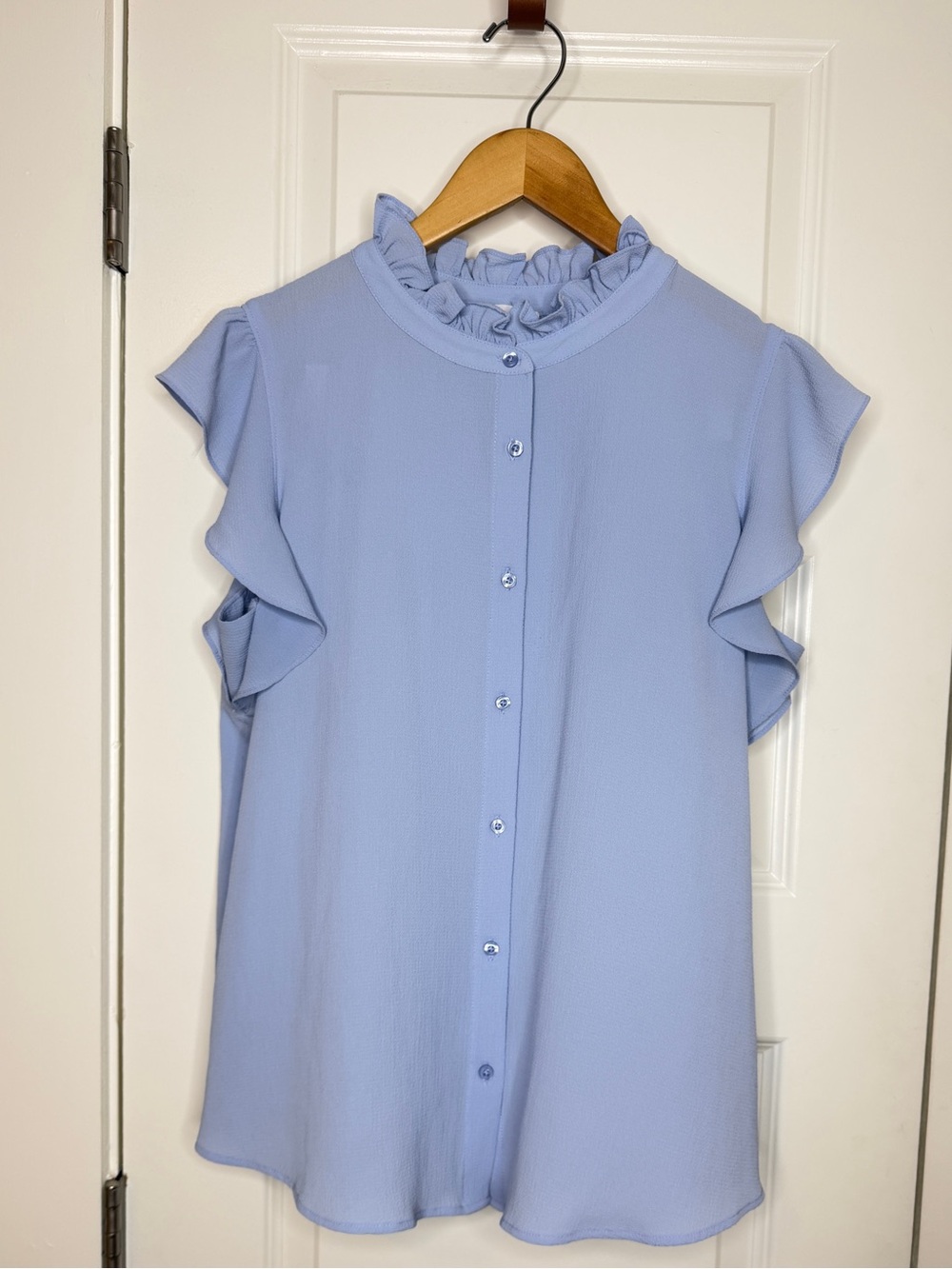 Calvin Klein Light Blue Ruffle Mock Neck Button Blouse